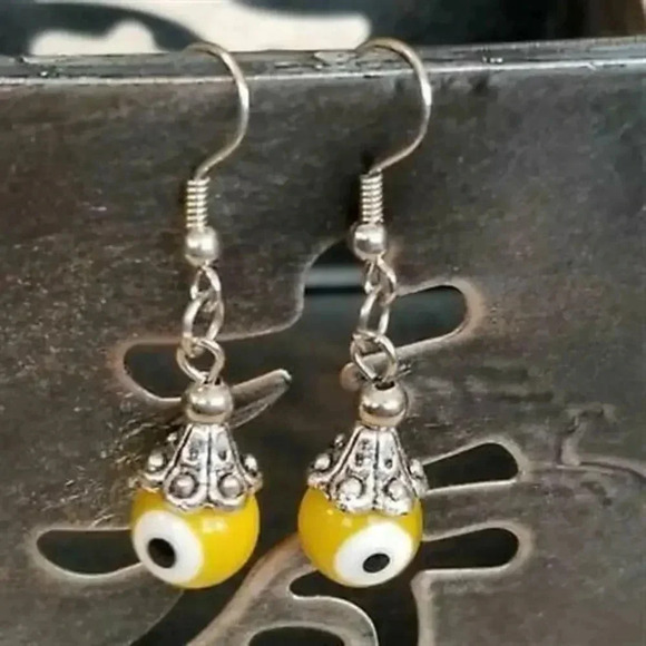 Handmade Evil Eye Yellow Lampwork Glass Beads Protective Talisman Drop Earrings - Picture 3 of 5